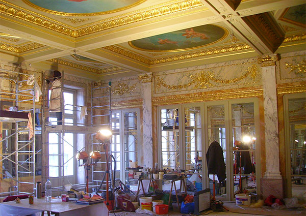 Baustelle im Marmorsaal während der Restaurierungsarbeiten.